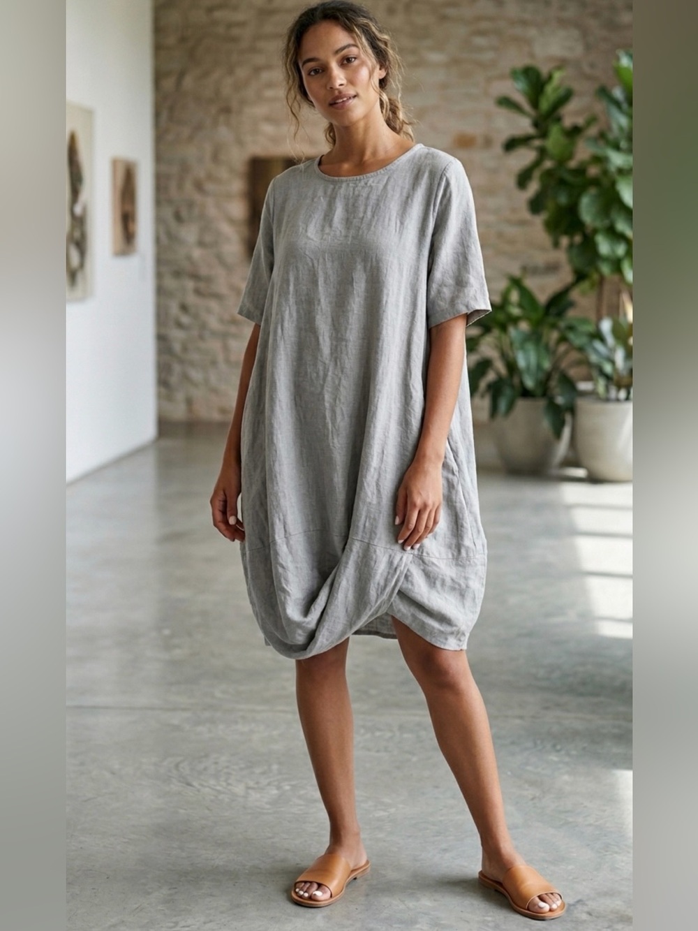 Made In Italy Relaxed Short Sleeve Balloon Dress in Light Gray